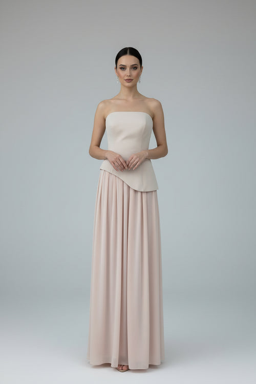 Zweiteiliges trägerloses Abendkleid mit Chiffonrock A576 in Beige – Ansicht 1 | ELIN Fashion